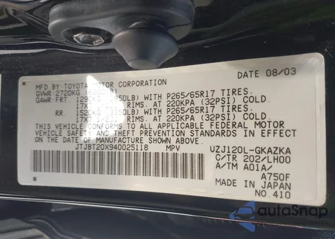 2004 Lexus Gx 470 470 z USA, uszkodzony, nr VIN JTJBT20X940025118